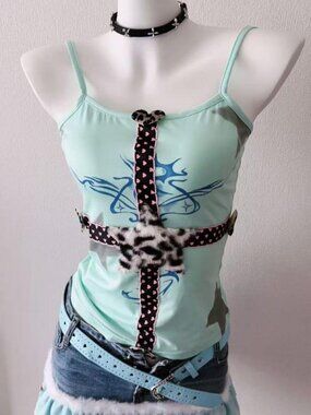 Y2K Light Blue Cami with Leopard Cross